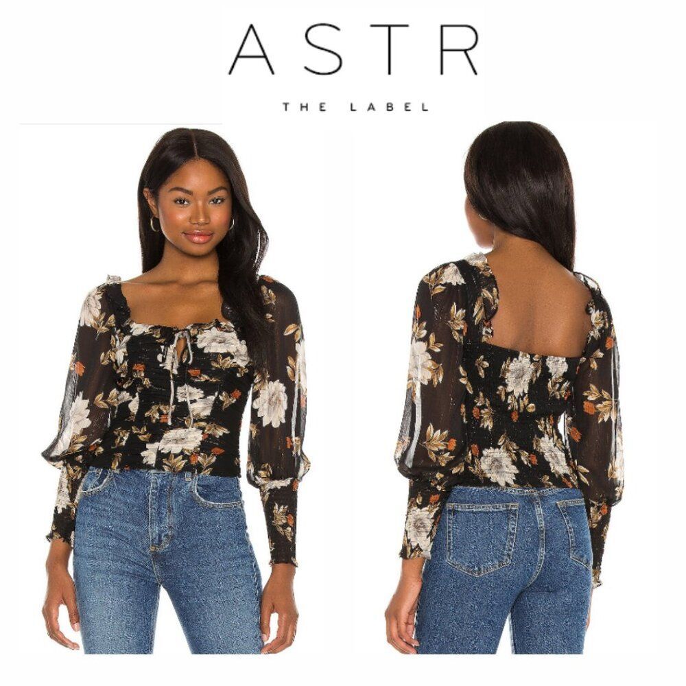 ASTR the Label Ruched Square Neck Top in Black Multi Floral
